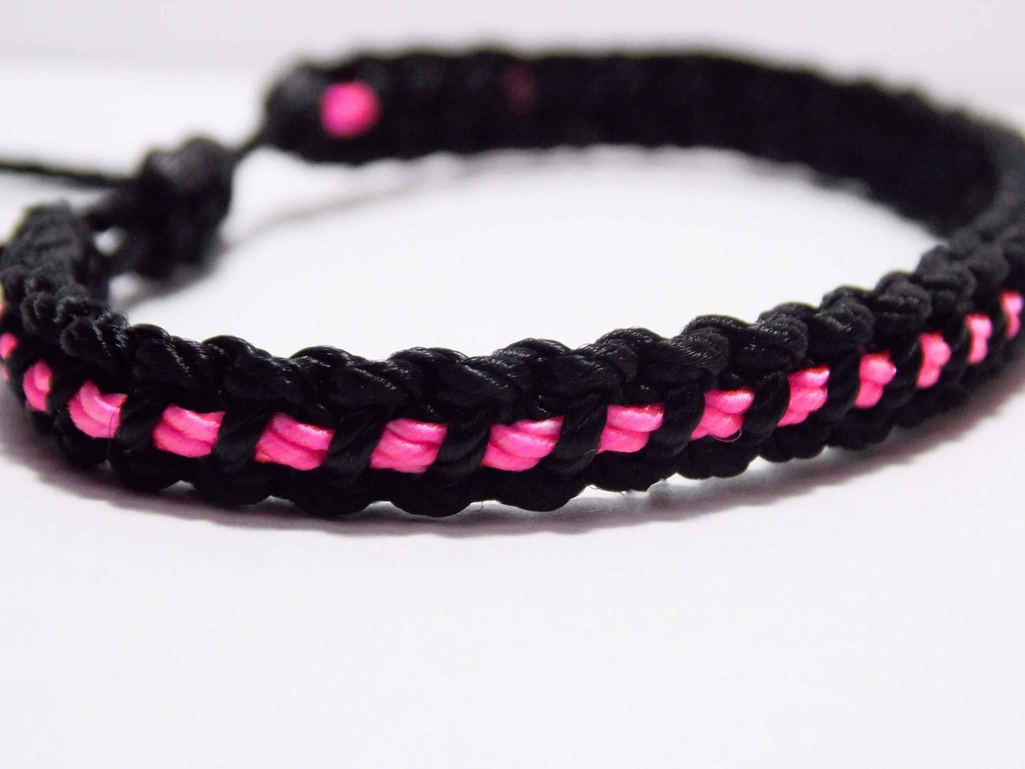 Black braided bracelet with a pink Line, adjustable wristband -new -handmade -for man & woman