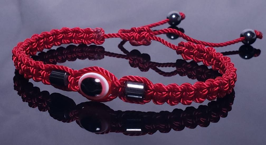 Hematite red string good luck bracelet, evil eye charm, braided red string wristband, evil eye protection braided bracelet, adjustable