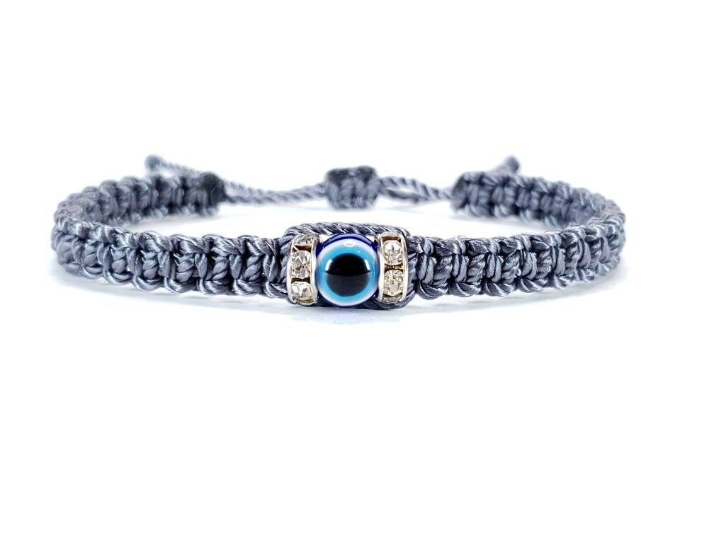 evil eye bracelet, evil eye protection amulet, grey braided bracelet, brand new, adjustable for man or woman