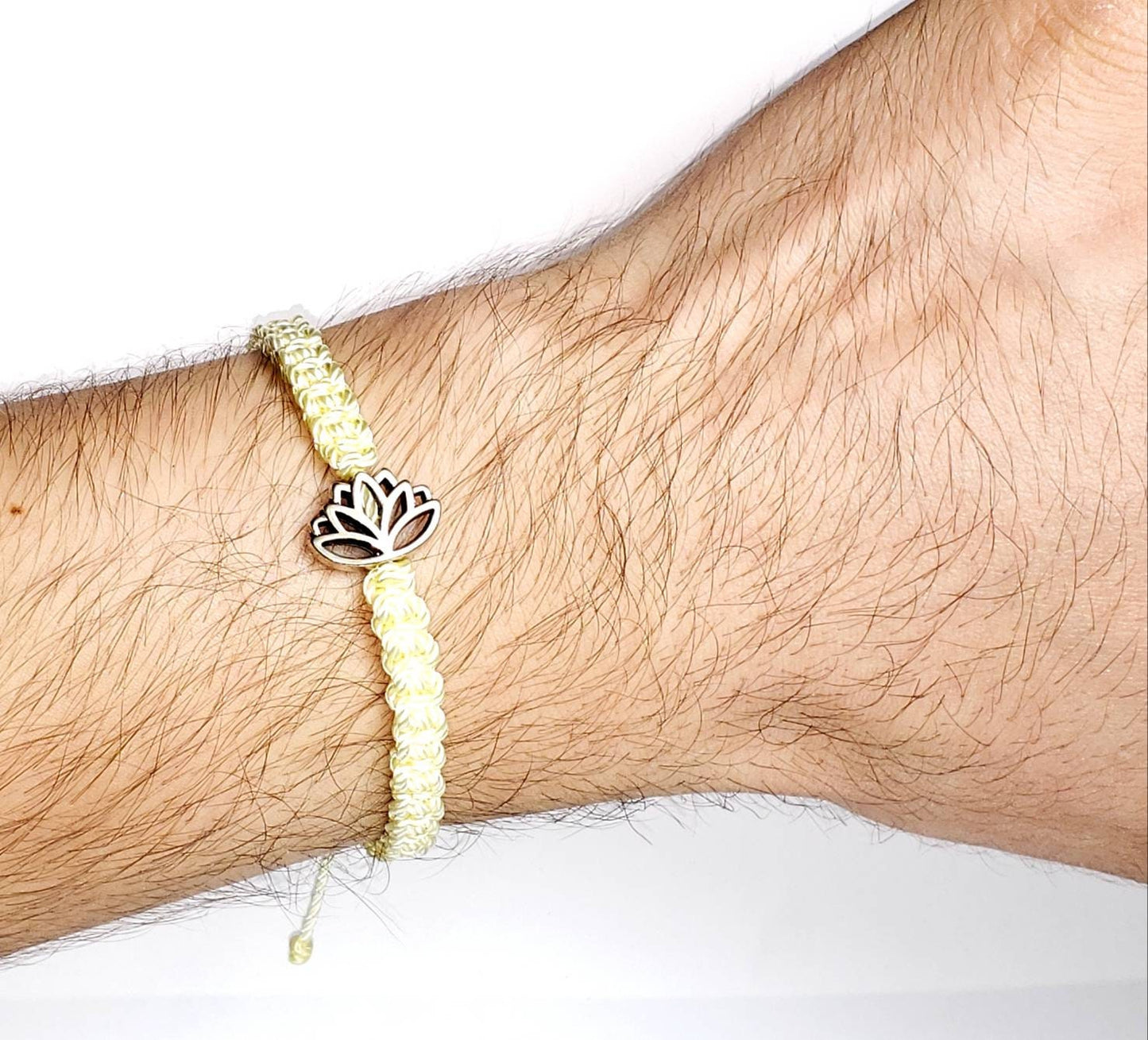 Lotus flower bracelet, soft yellow string braided bracelet, silver color lotus flower charm, new, adjustable for man & woman