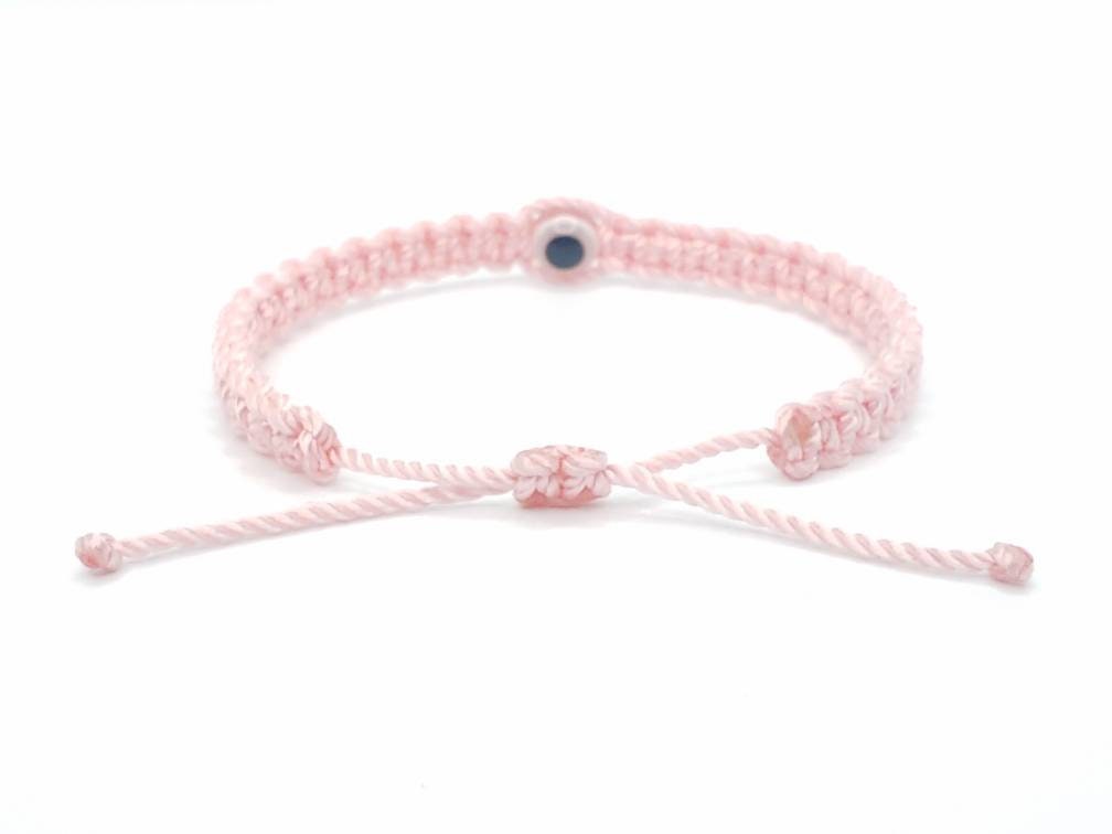 evil eye bracelet, soft pink, evil eye wristband, braided evil eye protection bracelet, good luck charm wristband, adjustable