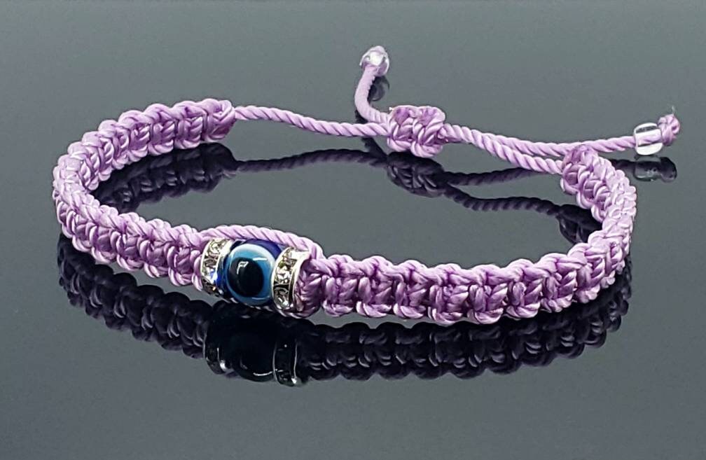 Evil eye amulet bracelet, good luck Lilac color string wristband evil eye protection, good luck charm beautiful adjustable braided bracelet