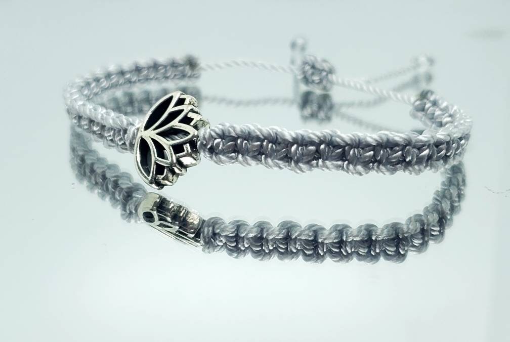 Lotus flower bracelet, silver string braided bracelet silver color lotus flower charm & silver string, silver string braided lotus wristband