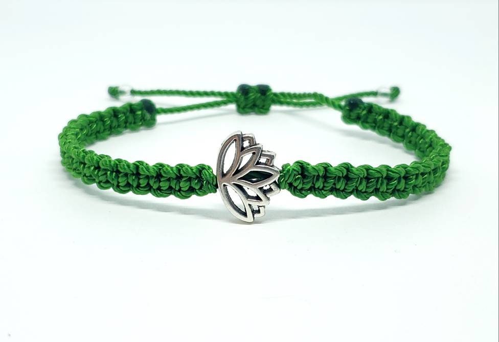 Lotus flower bracelet, green string braided bracelet, silver color lotus flower charm, new, adjustable for man & woman, unisex bracelet