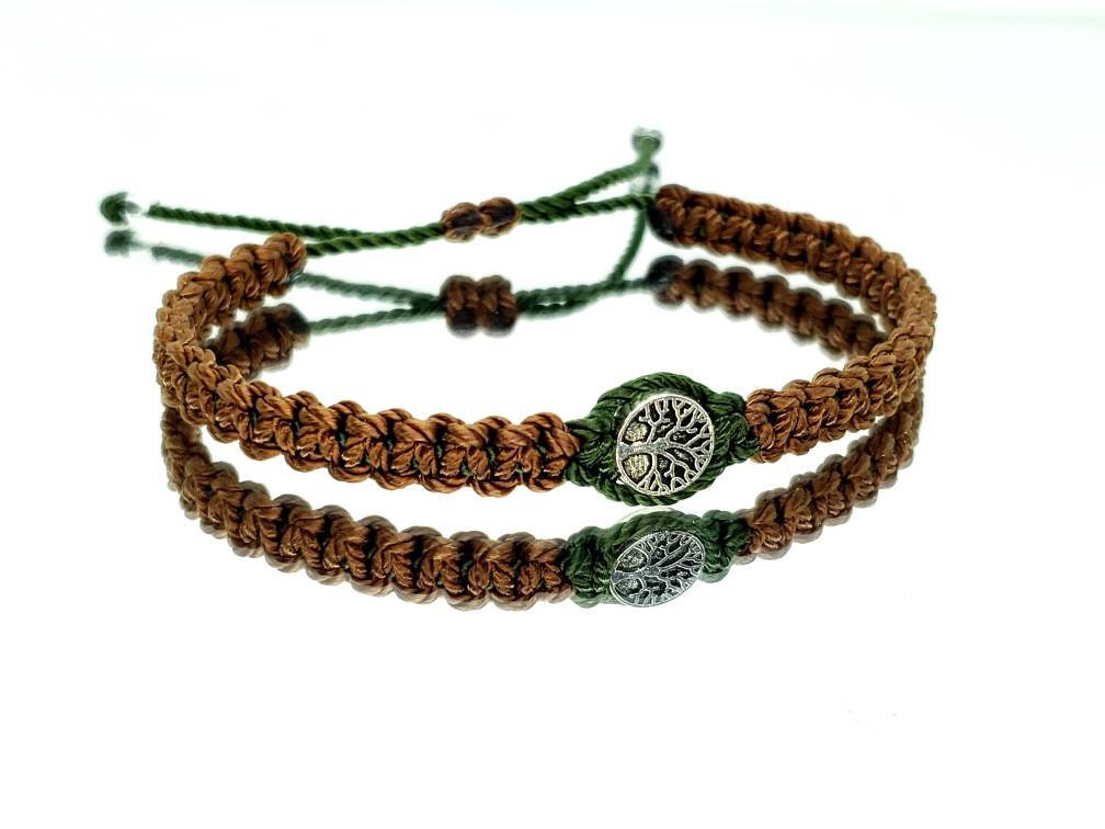 Tree of life 2 color braided bracelet, brown & green braided wristband, adjustable tree of life bracelet for man and woman