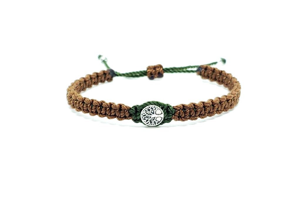 Tree of life 2 color braided bracelet, brown & green braided wristband, adjustable tree of life bracelet for man and woman