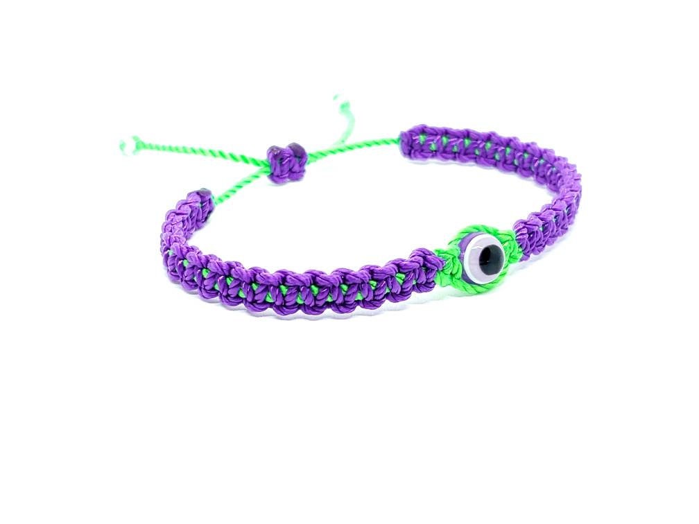evil eye protection bracelet, purple & neon green braided wristband, adjustable protection bracelet for man and woman