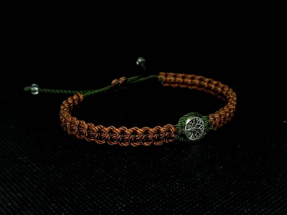 Tree of life 2 color braided bracelet, brown & green braided wristband, adjustable tree of life bracelet for man and woman