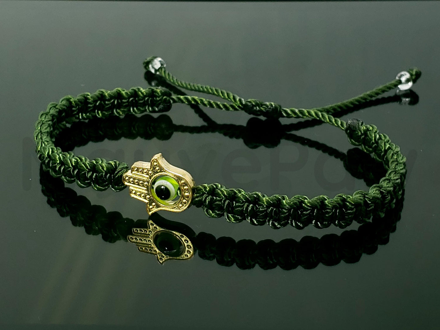 Hamsa Hand bracelet with an evil eye for protection and good luck, braided green string with a gold color hamsa hand, for man & woman