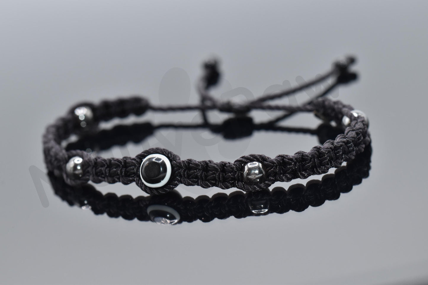 black string and hematite evil eye bracelet evil eye braided black string wristband, evil eye protection bracelet, adjustable for man/woman