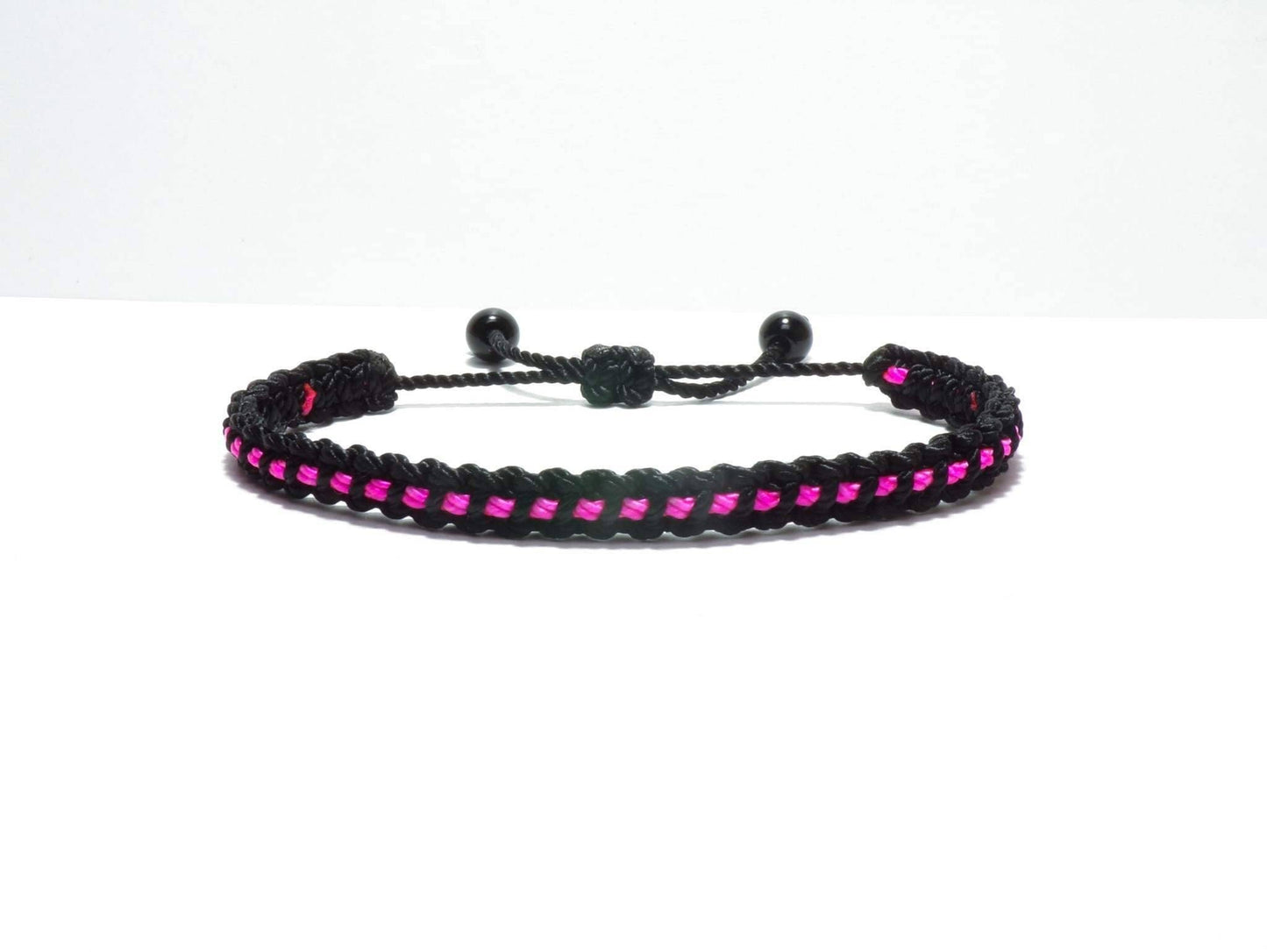 Black braided bracelet with a  pink Line, adjustable wristband -new -handmade -for man & woman