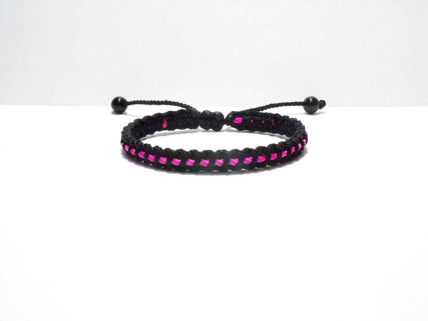 Black braided bracelet with a  pink Line, adjustable wristband -new -handmade -for man & woman