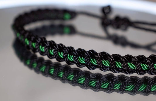 Black braided bracelet with a  green Line, adjustable wristband -new -handmade -for man & woman