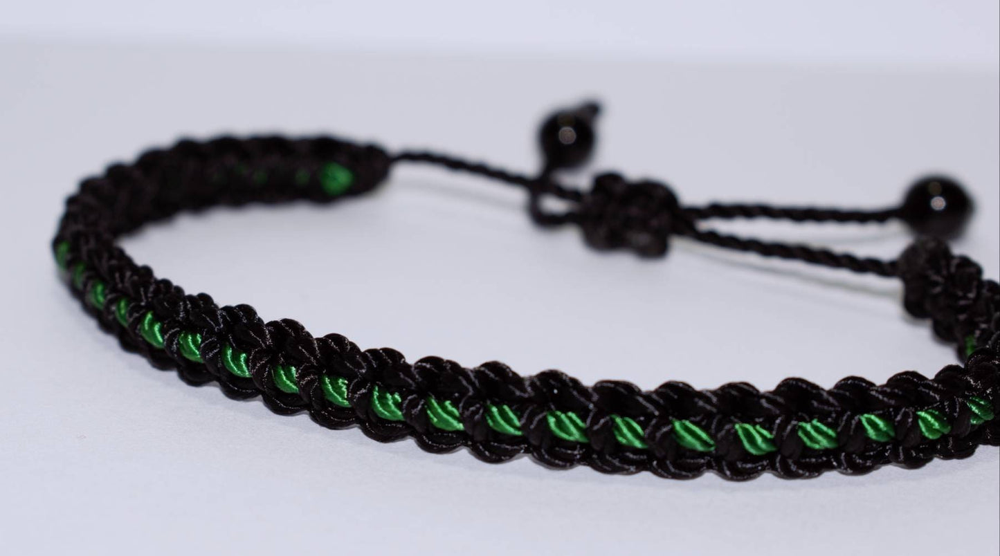 Black braided bracelet with a  green Line, adjustable wristband -new -handmade -for man & woman