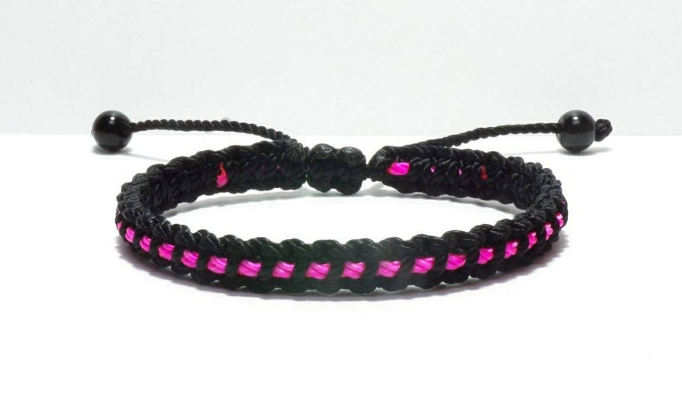 Black braided bracelet with a  pink Line, adjustable wristband -new -handmade -for man & woman