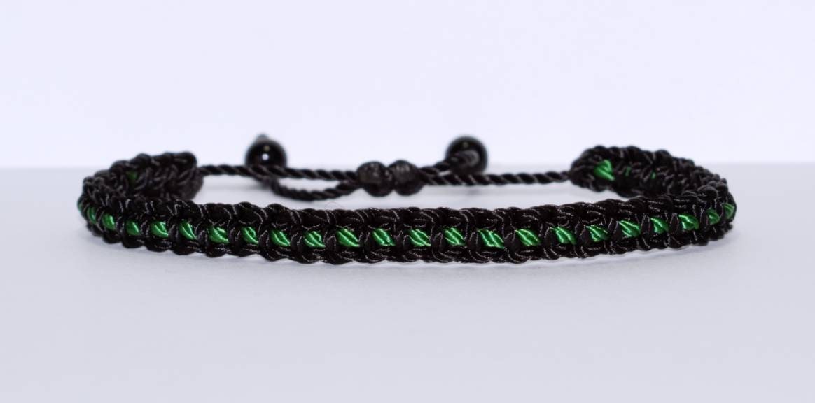 Black braided bracelet with a  green Line, adjustable wristband -new -handmade -for man & woman