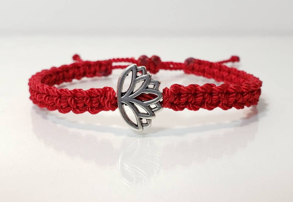 Lotus flower bracelet, red string braided bracelet, silver tone lotus flower charm, new, adjustable for man & woman