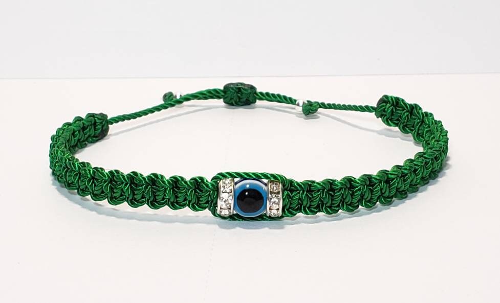 Evil eye amulet bracelet, emerald green string evil eye bracelet, evil eye wristband, evil eye protection, good luck charm, adjustable