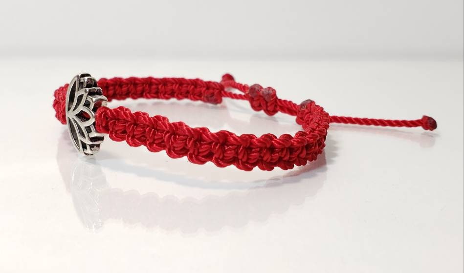 Lotus flower bracelet, red string braided bracelet, silver tone lotus flower charm, new, adjustable for man & woman