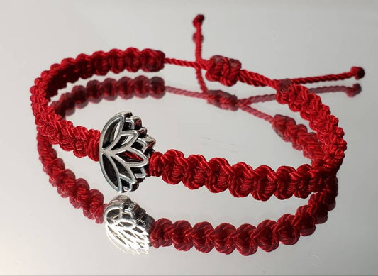 Lotus flower bracelet, red string braided bracelet, silver tone lotus flower charm, new, adjustable for man & woman