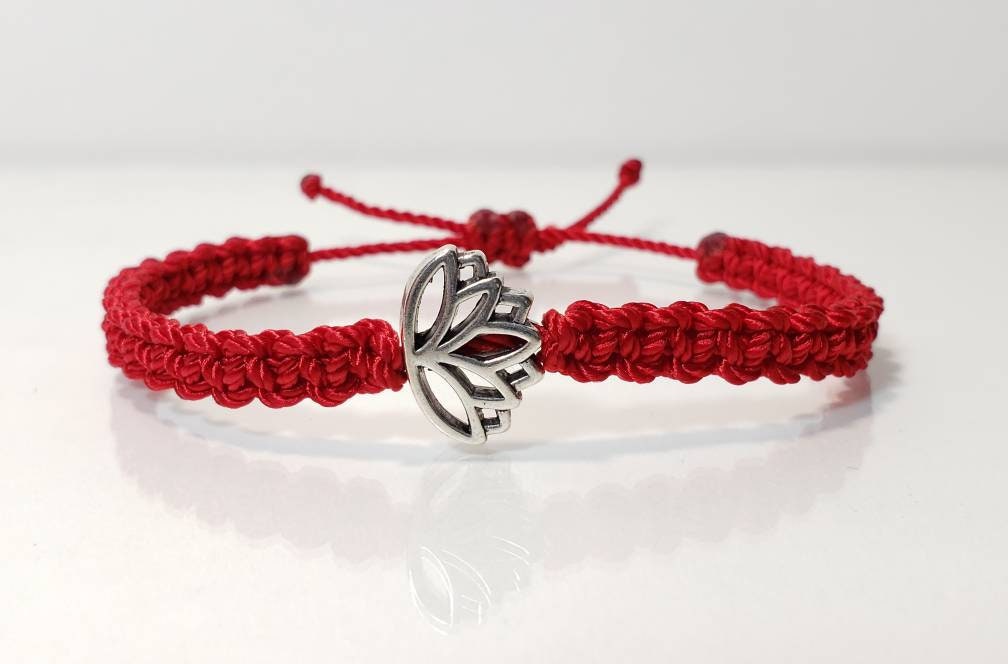 Lotus flower bracelet, red string braided bracelet, silver tone lotus flower charm, new, adjustable for man & woman