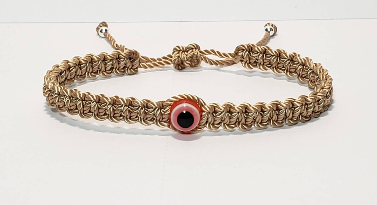 Evil eye amulet, evil eye braided bracelet, beige string wristband with an evil eye for protection, adjustable for man and woman