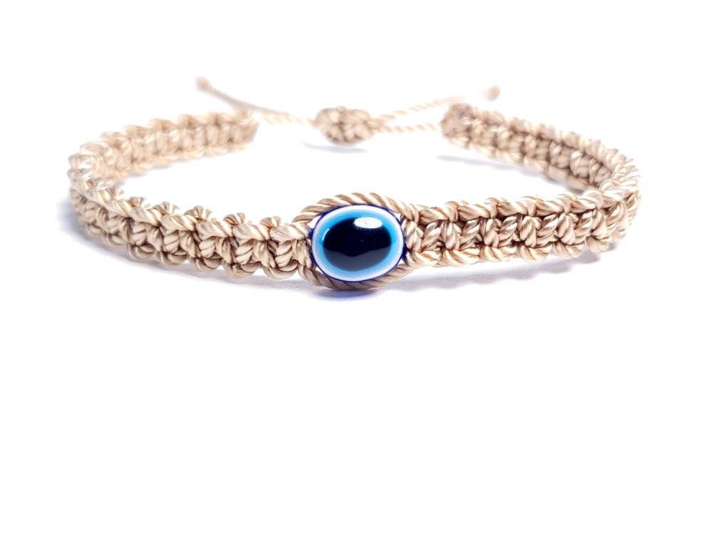 evil eye braided bracelet, beige string wristband with an evil eye for protection, adjustable for man and woman