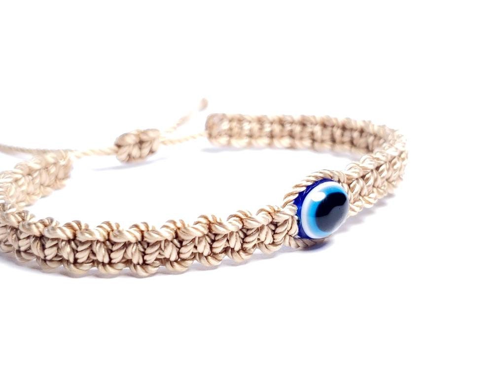 evil eye braided bracelet, beige string wristband with an evil eye for protection, adjustable for man and woman