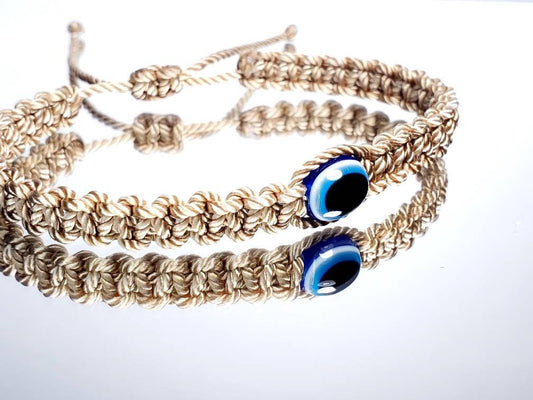 evil eye braided bracelet, beige string wristband with an evil eye for protection, adjustable for man and woman