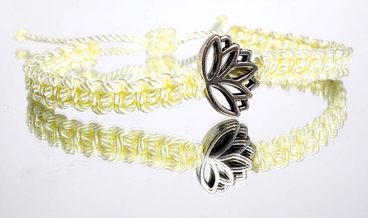 Lotus flower bracelet, soft yellow string braided bracelet, silver color lotus flower charm, new, adjustable for man & woman