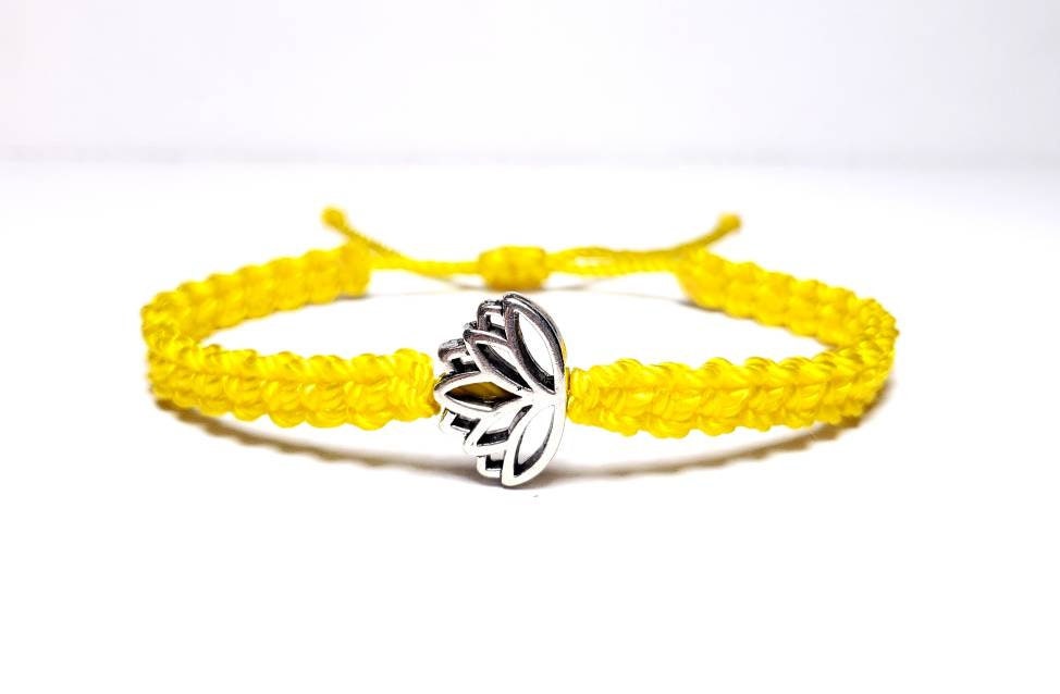 Lotus flower bracelet, yellow string braided bracelet, silver color lotus flower charm, new, adjustable for man & woman