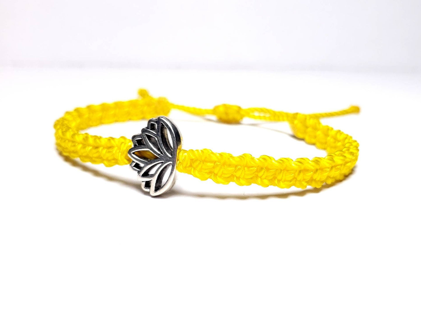 Lotus flower bracelet, yellow string braided bracelet, silver color lotus flower charm, new, adjustable for man & woman