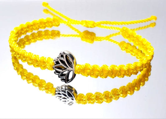 Lotus flower bracelet, yellow string braided bracelet, silver color lotus flower charm, new, adjustable for man & woman