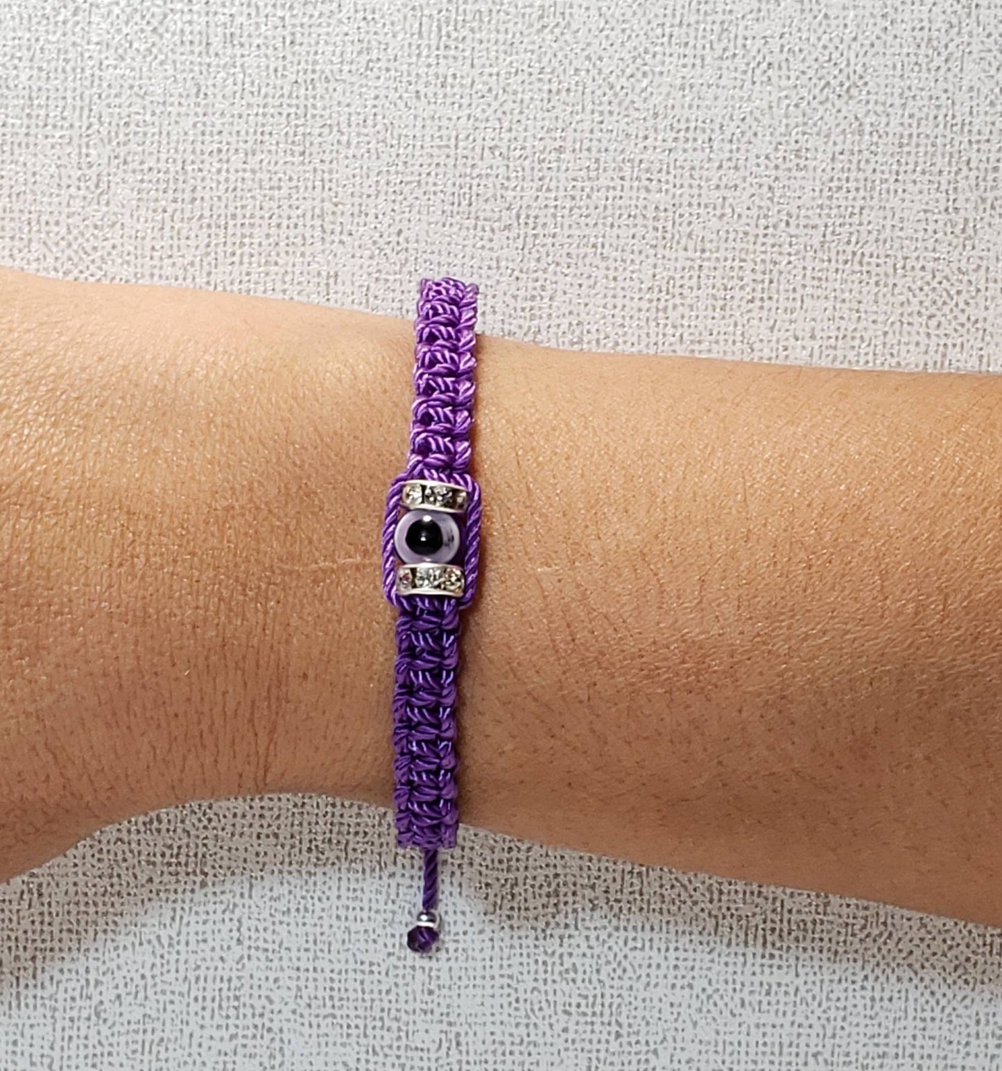 evil eye bracelet, purple string, evil eye wristband, braided evil eye protection bracelet, good luck adjustable wristband.