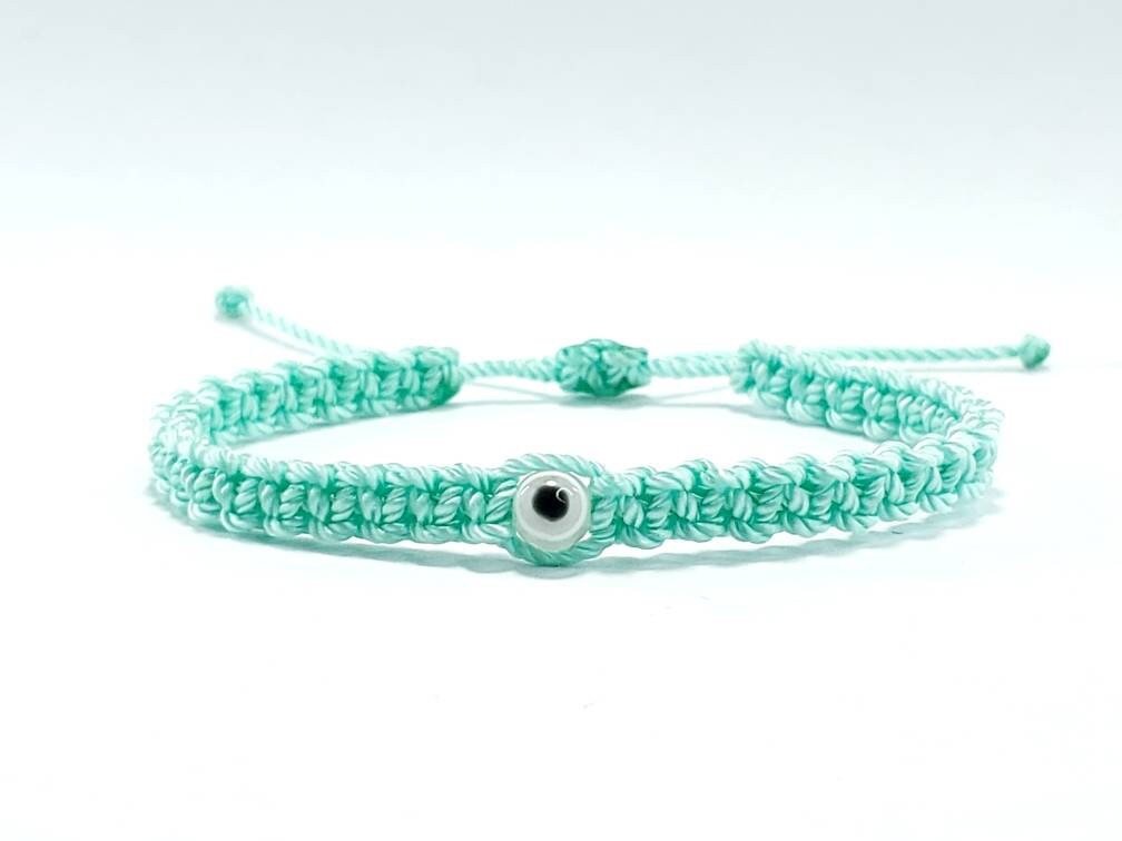 evil eye bracelet, teal color string, evil eye wristband, braided evil eye protection bracelet, adjustable, good luck charm for man & woman