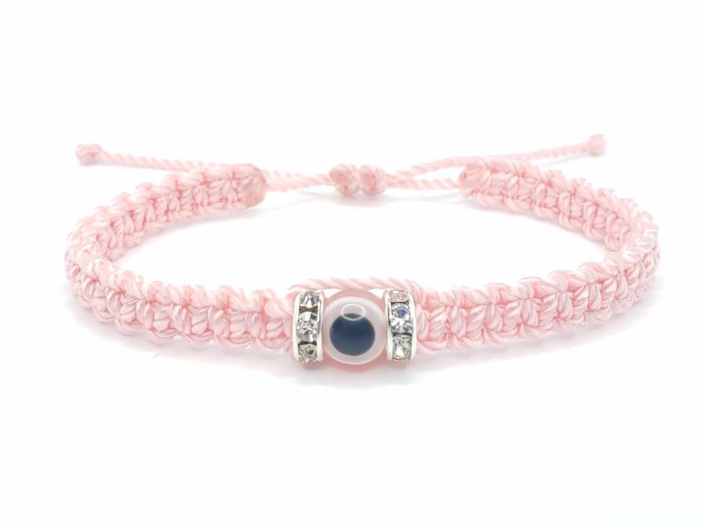 evil eye bracelet, soft pink, evil eye wristband, braided evil eye protection bracelet, good luck wristband adjustable, light pink string