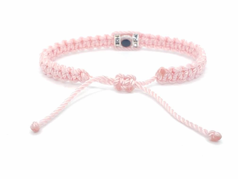 evil eye bracelet, soft pink, evil eye wristband, braided evil eye protection bracelet, good luck wristband adjustable, light pink string