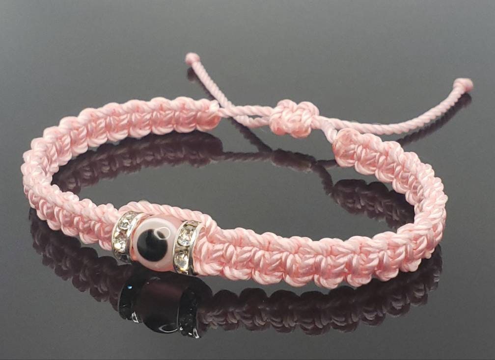 evil eye bracelet, soft pink, evil eye wristband, braided evil eye protection bracelet, good luck wristband adjustable, light pink string