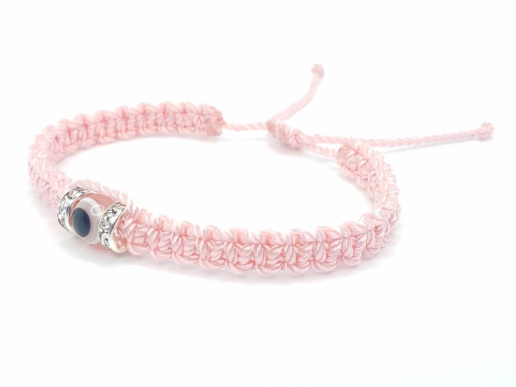 evil eye bracelet, soft pink, evil eye wristband, braided evil eye protection bracelet, good luck wristband adjustable, light pink string