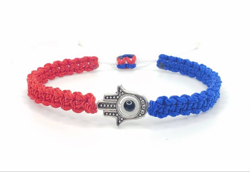 Hamsa hand blue red & white string bracelet for happiness luck health and good fortune. good luck wristband evil eye charm, USA patriotic