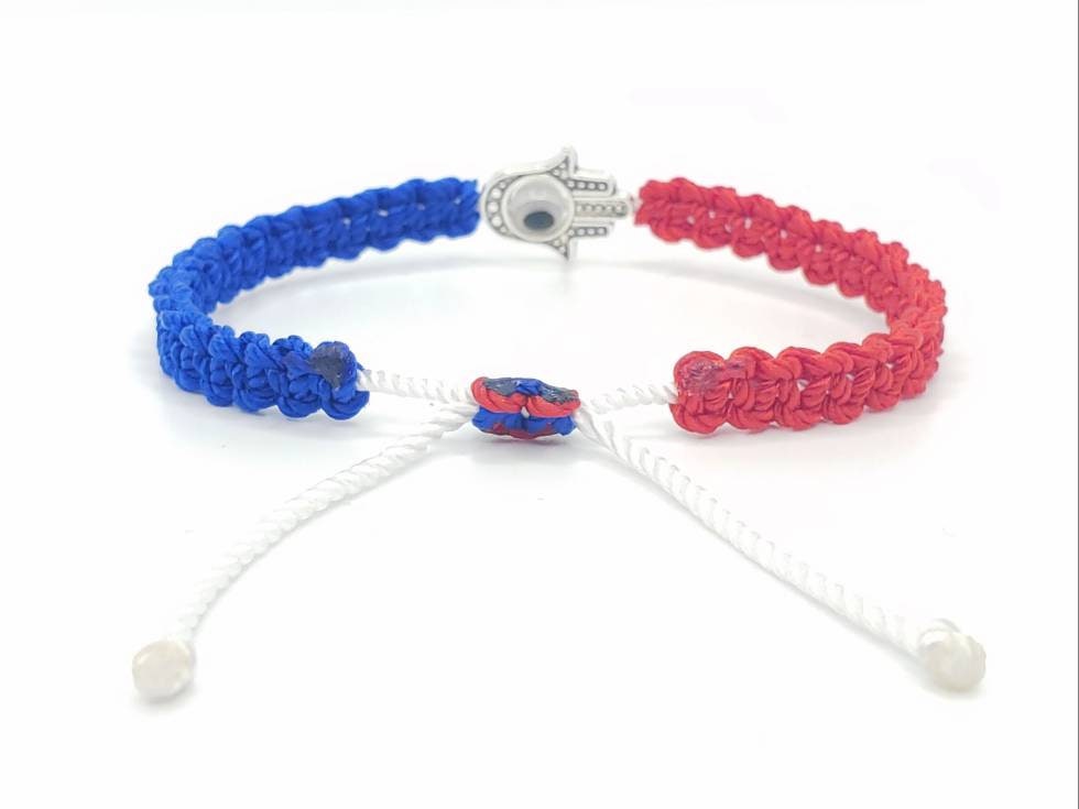 Hamsa hand blue red & white string bracelet for happiness luck health and good fortune. good luck wristband evil eye charm, USA patriotic