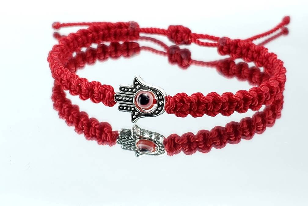 Hamsa Hand bracelet with an evil eye for protection and good luck, braided red string wristband with a silver color hamsa hand