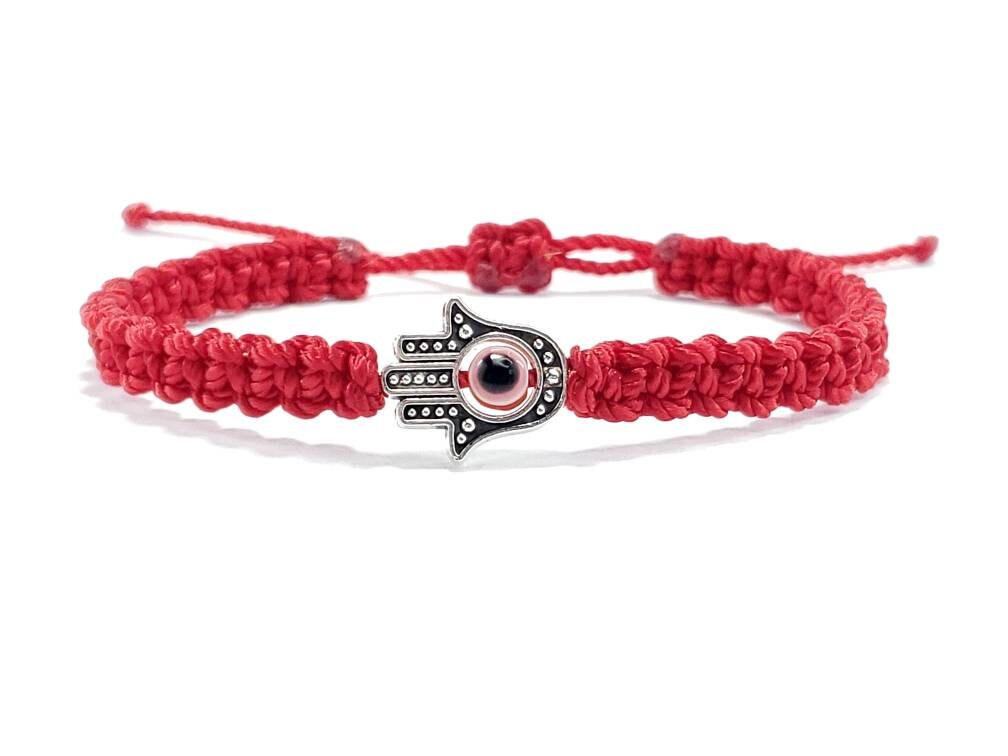 Hamsa Hand bracelet with an evil eye for protection and good luck, braided red string wristband with a silver color hamsa hand