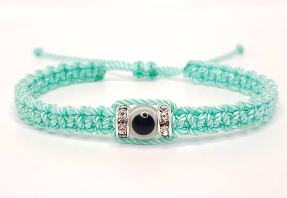 evil eye bracelet, beautiful teal color string evil eye wristband, braided evil eye protection bracelet, good luck wristband adjustable