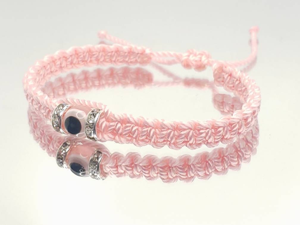 evil eye bracelet, soft pink, evil eye wristband, braided evil eye protection bracelet, good luck wristband adjustable, light pink string