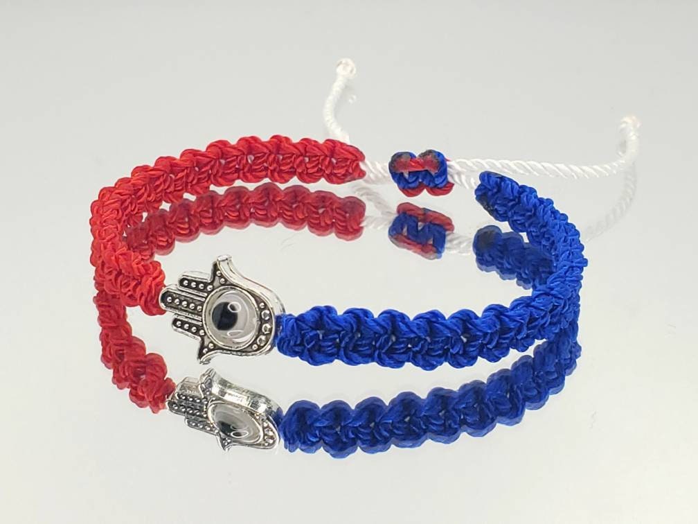 Hamsa hand blue red & white string bracelet for happiness luck health and good fortune. good luck wristband evil eye charm, USA patriotic