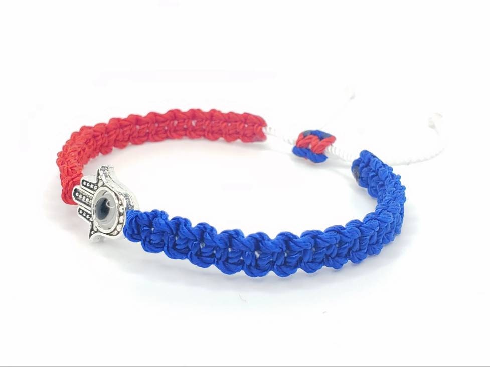 Hamsa hand blue red & white string bracelet for happiness luck health and good fortune. good luck wristband evil eye charm, USA patriotic