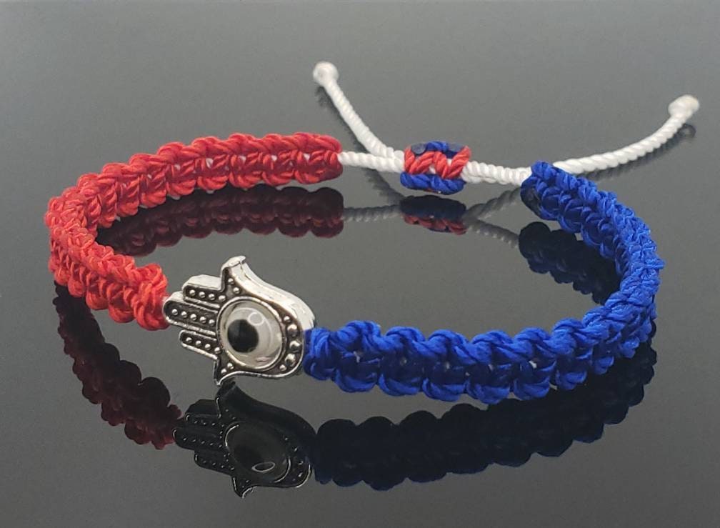 Hamsa hand blue red & white string bracelet for happiness luck health and good fortune. good luck wristband evil eye charm, USA patriotic