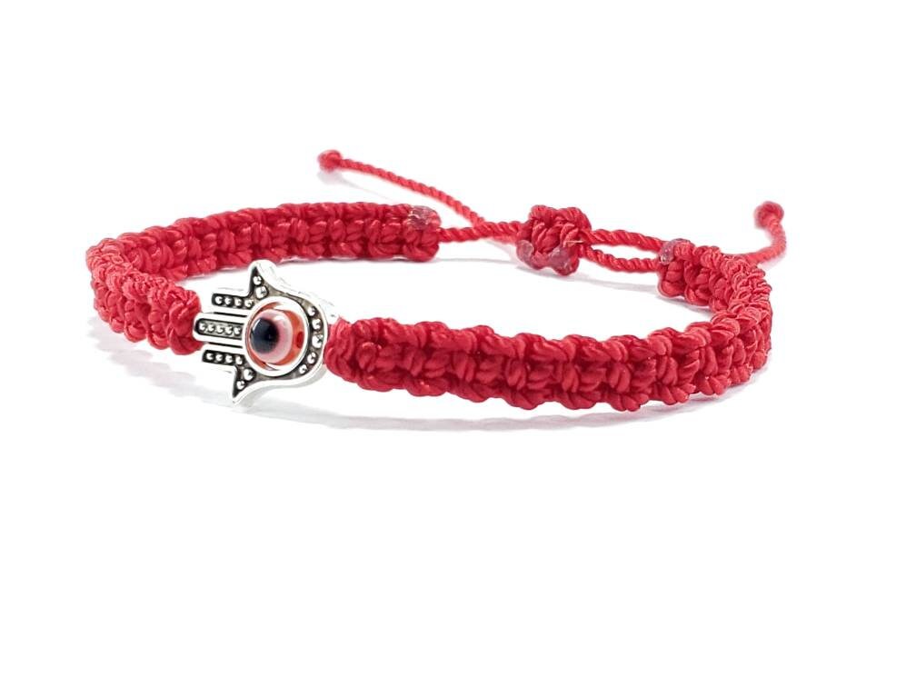 Hamsa Hand bracelet with an evil eye for protection and good luck, braided red string wristband with a silver color hamsa hand