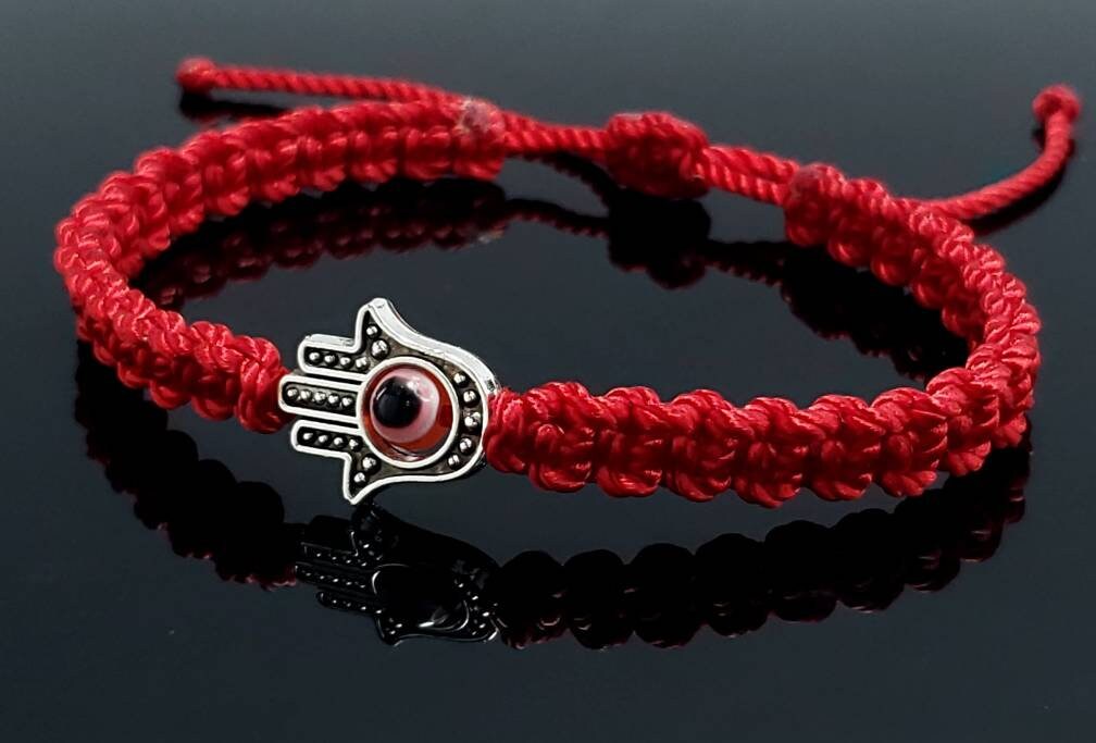 Hamsa Hand bracelet with an evil eye for protection and good luck, braided red string wristband with a silver color hamsa hand